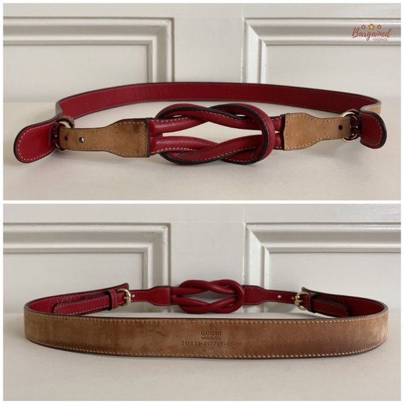 Authentic Gucci Red Leather Knot Skinny Horsebit Ring Buckle Belt Size 85/34 main image 5